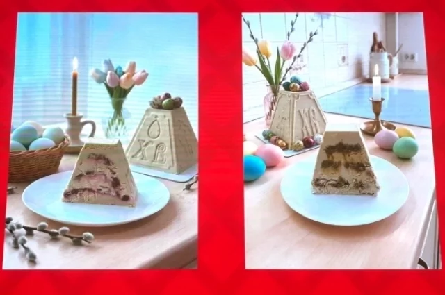 С разной начинкой из одной творожной массы получаются две совершенно  разные пасхи.